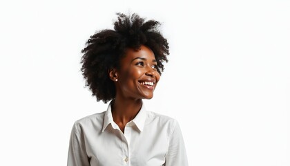 Smiling African woman looks to left side. Beautiful lady with afro hair, white shirt. Happy expression. Close-up portrait isolated on white background. Possible use for beauty products fashion,