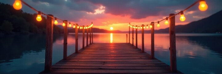 Obraz premium Twinkling string lights on wooden dock at sunset, wooden dock, twinkle, soft glow
