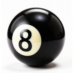Close-up billiard ball number eight. Black sphere with white number eight. Classic game element. Sports leisure photo. Great for game, sports websites. Perfect for pool game articles. Used for