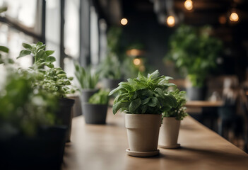 abstract space plants display potted empty mock green used products cafe background blurred copy modern bokeh restaurant can cafes table office light interior eatery vintage desk top business