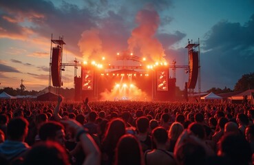 Large open air concert crowd enjoying lively performance at sunset. Energetic atmosphere with big stage, many people. Sunset sky vibrant. People excited, dancing to music. Big festival event.
