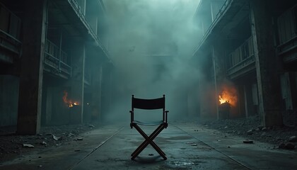 Empty director chair stands in middle of abandoned film studio. Gloomy atmosphere, fire in background. Studio damaged, empty. Production halted. Dramatic movie set. Night scene. Film production