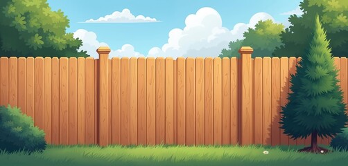 Wooden fence encloses backyard on sunny day. Green trees, bushes surround backyard area. Grassy lawn stretches out in front of fence. Tranquil summer scene in garden. Calm weather with partly cloudy