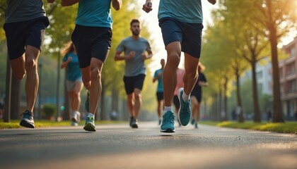 Group of people jogging together in city park. Raising awareness of heart health, prevention through community fitness. Urban green space background with trees, buildings. Healthy lifestyle concept.