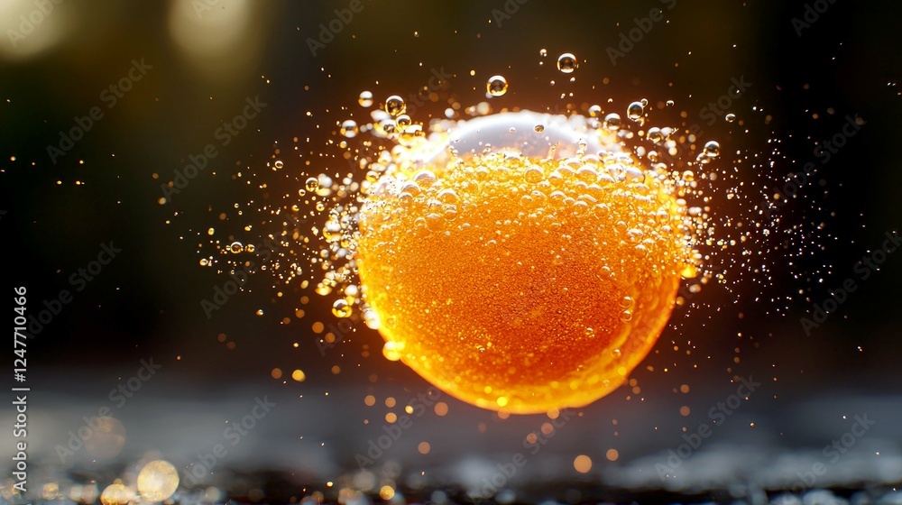 Poster abstract orange liquid sphere with bubbles: a dynamic macro photography of fluid motion and energy
