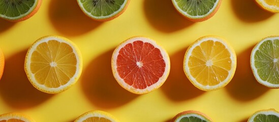 Obraz premium Vibrant Citrus Medley: A Refreshing Burst of Flavor on Yellow