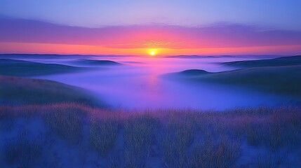 Serene Sunrise Over Misty Rolling Hills
