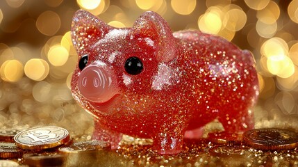 Glittery Piggy Bank with Bitcoins: Symbol of Financial Success and Wealth