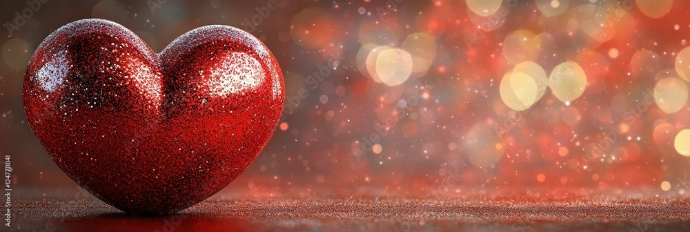 Poster red heart figurine on wooden table with blurred string lights in the background creating a warm ambi
