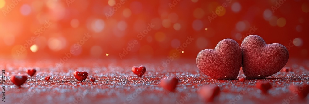 Poster two red hearts placed on a vibrant red background creating a romantic and passionate atmosphere