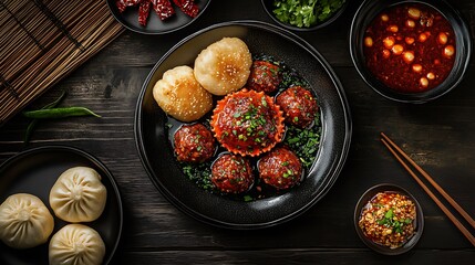 A high-angle shot featuring a plate of chili crab with a side of fried mantou buns