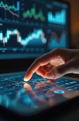 Person interacts with tablet screen displaying financial data. Graphs, charts show trends. Data analysis, investment strategy evident. Digital interface highlights tech use. User explores financial