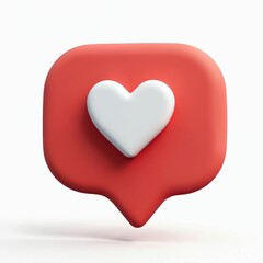 3D social media notification icon. Red notification bubble with white heart symbol. Shows online social media love. Isolated design. Concept of social media success. Digital rendering. Suitable for