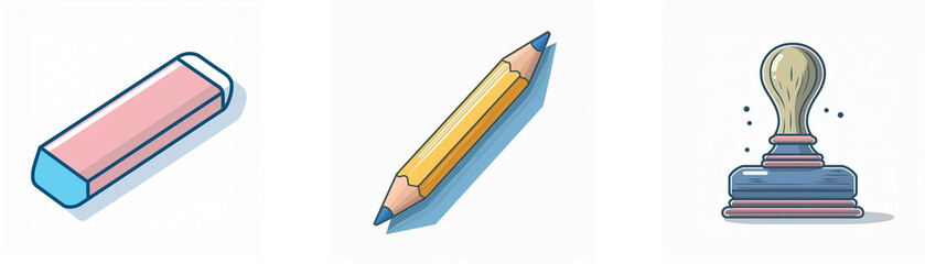 Three stationery items: an eraser, a pencil, and a stamp, are isolated on a white background. They are depicted in a simple, cartoon style with light shadows.
