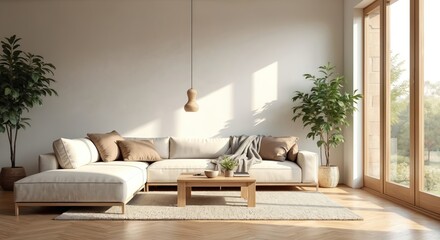 Modern Scandinavian living room with light beige sofa, wooden coffee table. Cozy textiles in beige, brown tones add warmth to space. Large windows invite natural light into room. Plants, natural wood