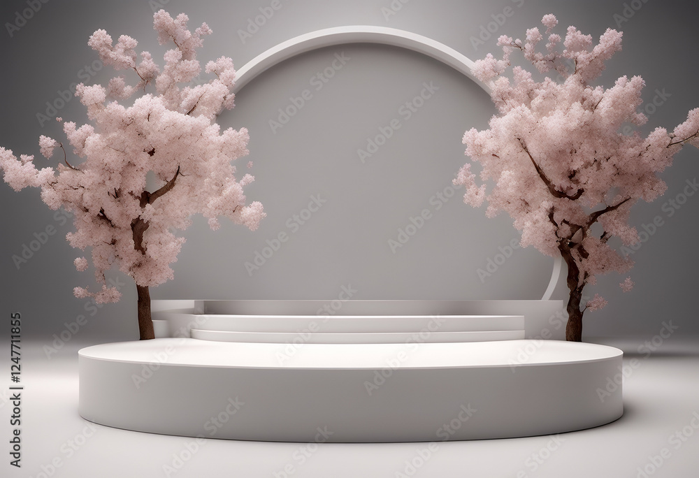 Poster sakura white podium rendering product abstact 3d background presentation illustration showcase displ