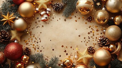 A Christmas glamour vision lavish ornaments, radiant star decor, spiral ribbon, jingling bells, and golden confetti on a pastel beige surface, offering a pristine canvas for promotion.