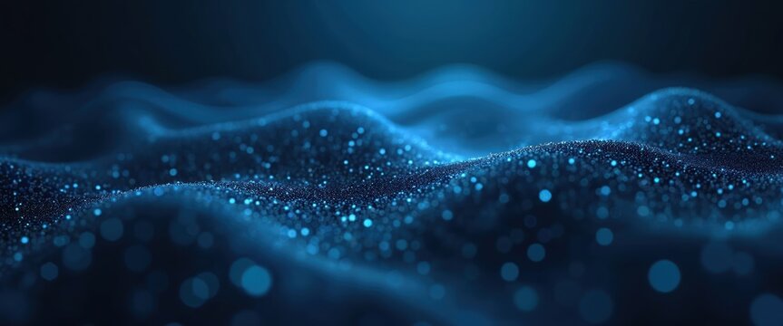 Abstract dynamic blue tech pattern. Futuristic wavy lines, glowing points form complex design. Visualizes innovation, advanced tech. Modern abstract concept of network, data flow. Modern design for