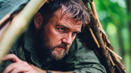 Intense survivalist focused on building a shelter in a lush green forest during an outdoor adventure