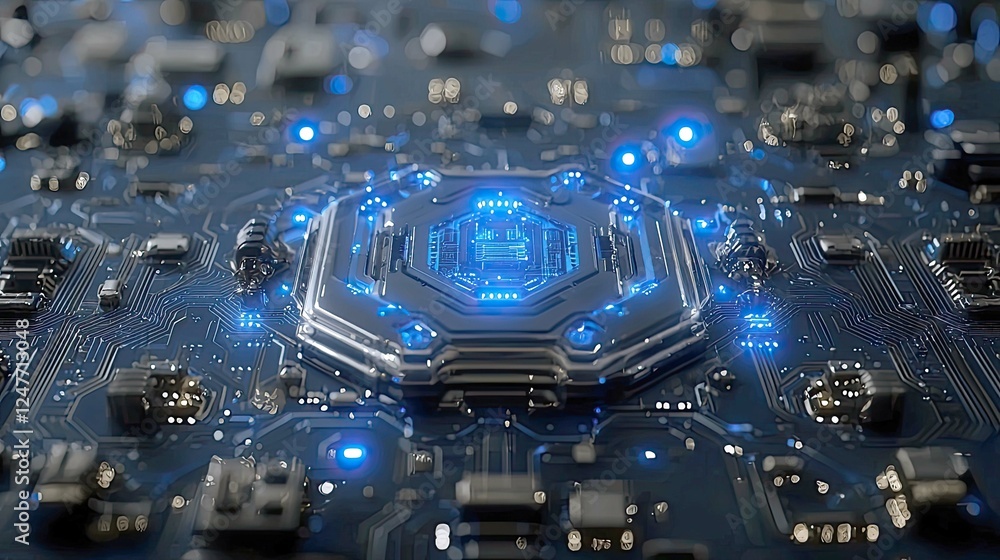 Poster close-up view of a futuristic circuit board with glowing blue lines and intricate details. a technol