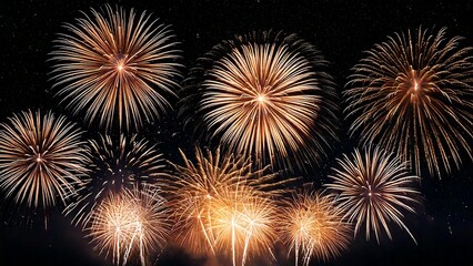 Naklejka premium 夜空に輝く綺麗で美しい打ち上げ花火のイメージ 背景素材 AI生成素材 オレンジ イエロー