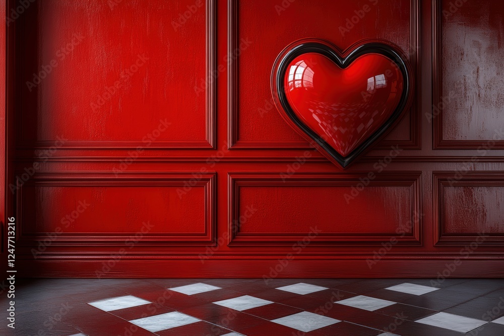Poster red heart shaped object displayed against a vibrant red wall creating a striking visual contrast