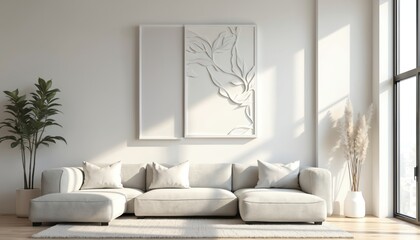 Modern minimalist living room white sectional sofa, abstract leaf motif wall art. Natural light streams in through large window. Plant, dried flower arrangement add touch of nature to space.