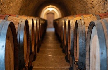 Old wine cellar in Santorini Greece. Many wooden barrels lined up. Cellar cool dark place. Wine storage. Traditional vintage winemaking. Agriculture scene. Wine production. Winemaking process.