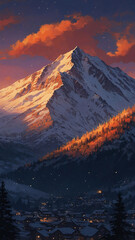 Majestic Snow Capped Mountains Towering Over Snowy Pine Forest with Red Dusk Sky and Stars in the Background Wallpaper Background Illustration Aesthetic