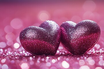 Fototapeta premium Two hearts placed on a pink glitter background creating a romantic and festive atmosphere