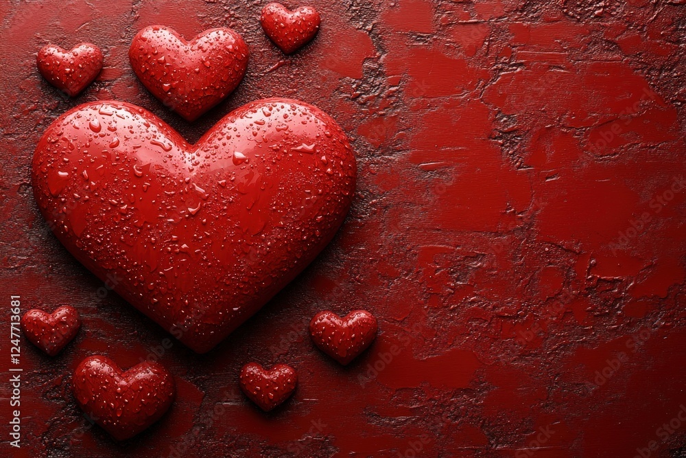 Poster red heart with water droplets on a smooth surface reflecting light and colors in a close up view