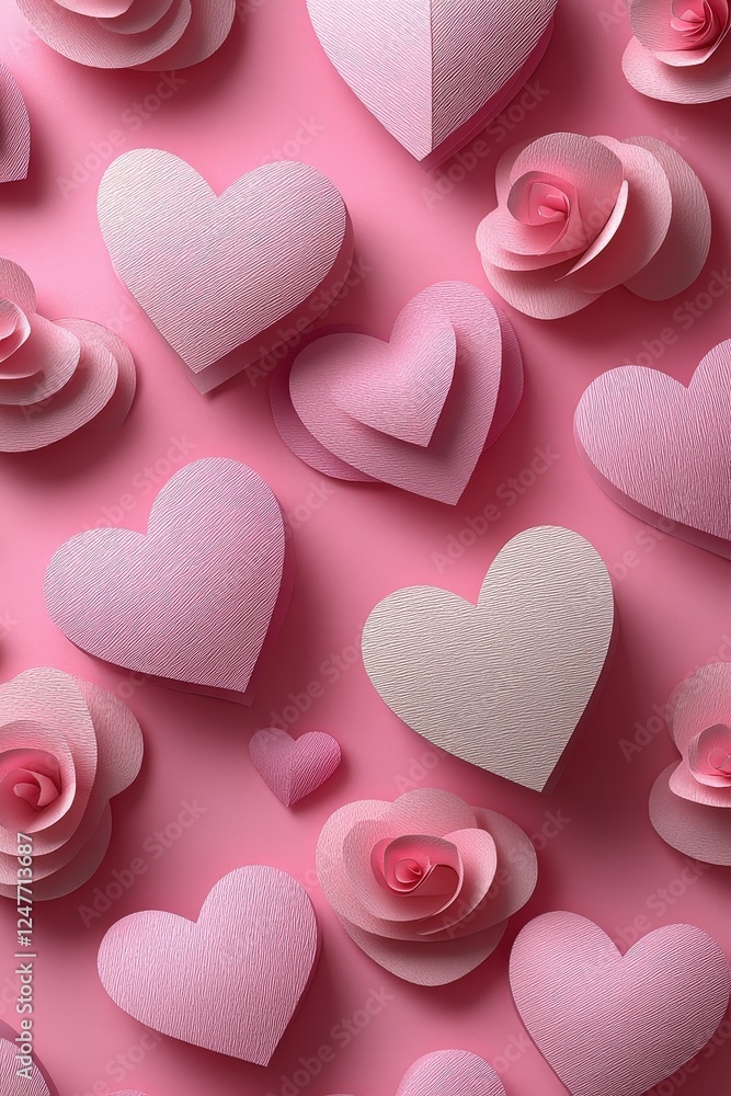 Poster Pink hearts scattered on a solid pink background creating a simple and vibrant pattern