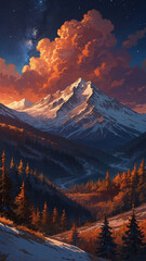 Obraz premium Peaceful Mountain Peak with Snowy Pine Forest Beneath a Red Dusk Sky with Clouds and Stars Twinkling Above Wallpaper Background Illustration Aesthetic