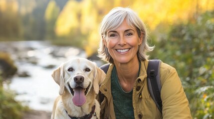 A middle-aged woman walks her dog on a sunny trail in a national park