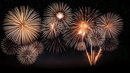 Naklejka premium 夜空に輝く綺麗で美しい打ち上げ花火のイメージ 背景素材 AI生成素材 オレンジ イエロー