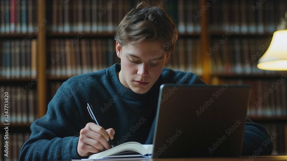 Poster concentrated young man engages with his studies at a wooden table in a serene library, taking notes 