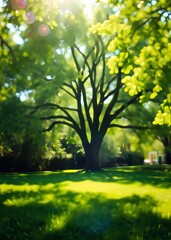 Obraz premium Natural green background with abstract blurred garden tree foliage and bright summer sunlight central copyspace for text or advertisment shiny field with lush color lawn bokeh green bokeh green abstra
