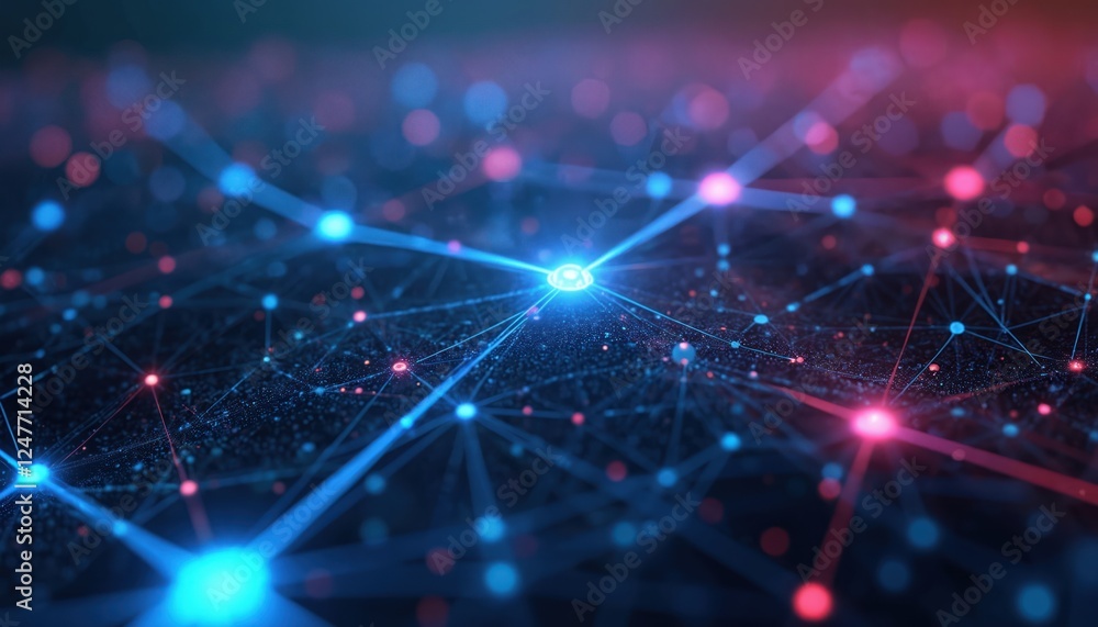 Poster abstract futuristic tech network. dynamic neon connections. ai neural network design. complex interl
