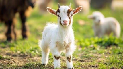 Obraz premium Adorable baby goat in pasture, lambs in background, springtime farm scene, idyllic rural setting