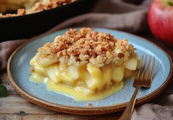Delicious Homemade Apple Crisp with Crumb Topping on a Blue Plate Surrounded by Rustic Elements and Natural Lighting