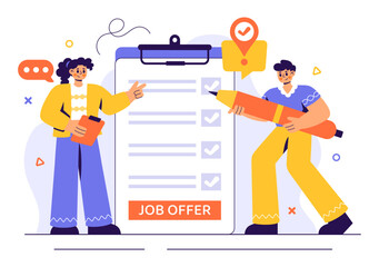 Job Offer Vector Illustration featuring a Businessman, Recruitment Process, Career Opportunities, and Company Vacancy in a Flat Style Background