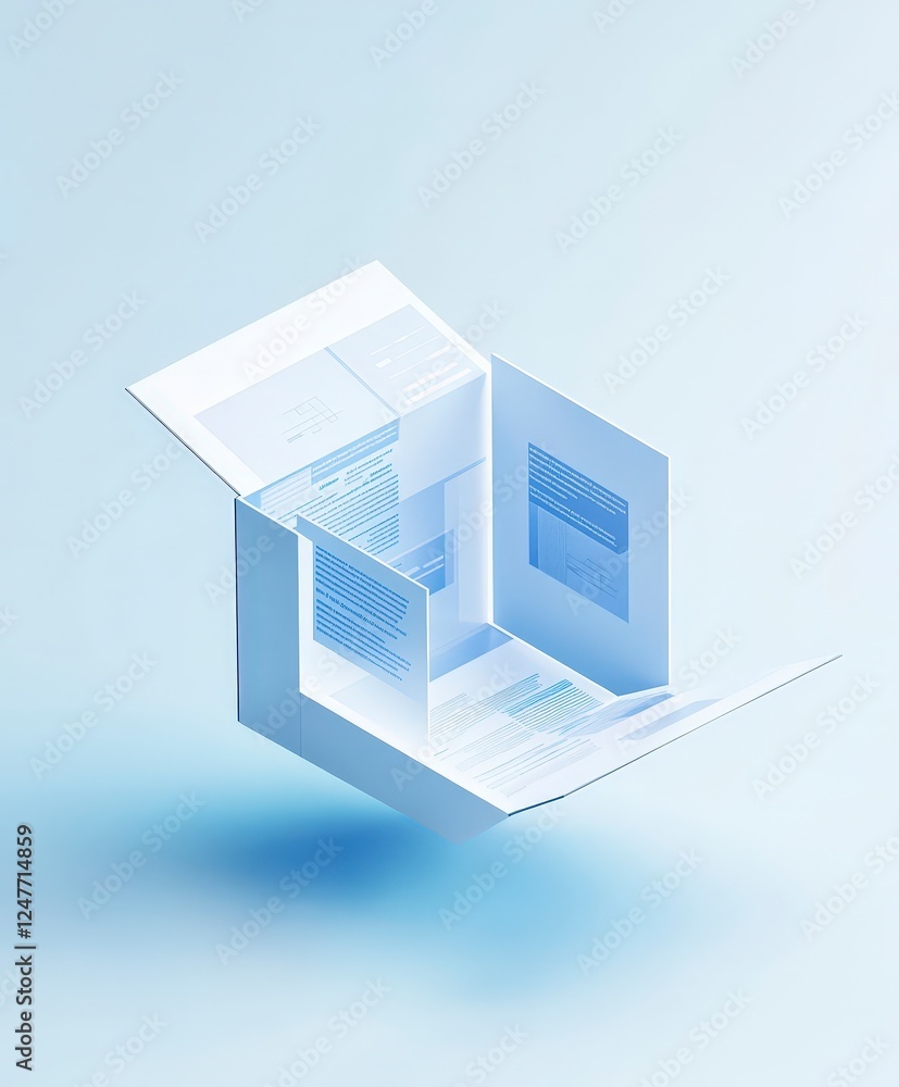 Poster modern design of floating documents with soft blue background