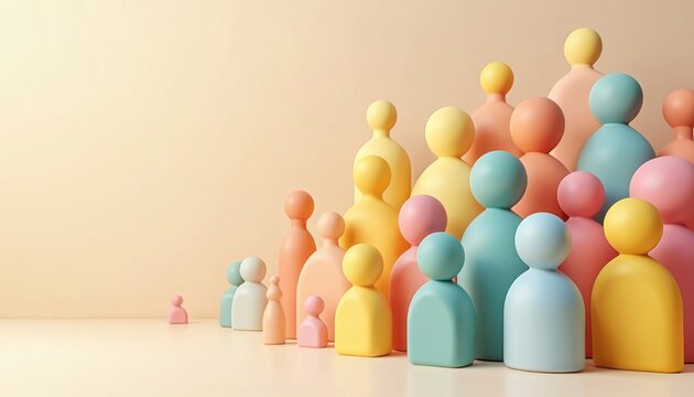 Colorful abstract figures represent diverse audience. Different figures in various pastel colors create layered group. Minimalist design highlights audience segmentation, targeting. Illustration