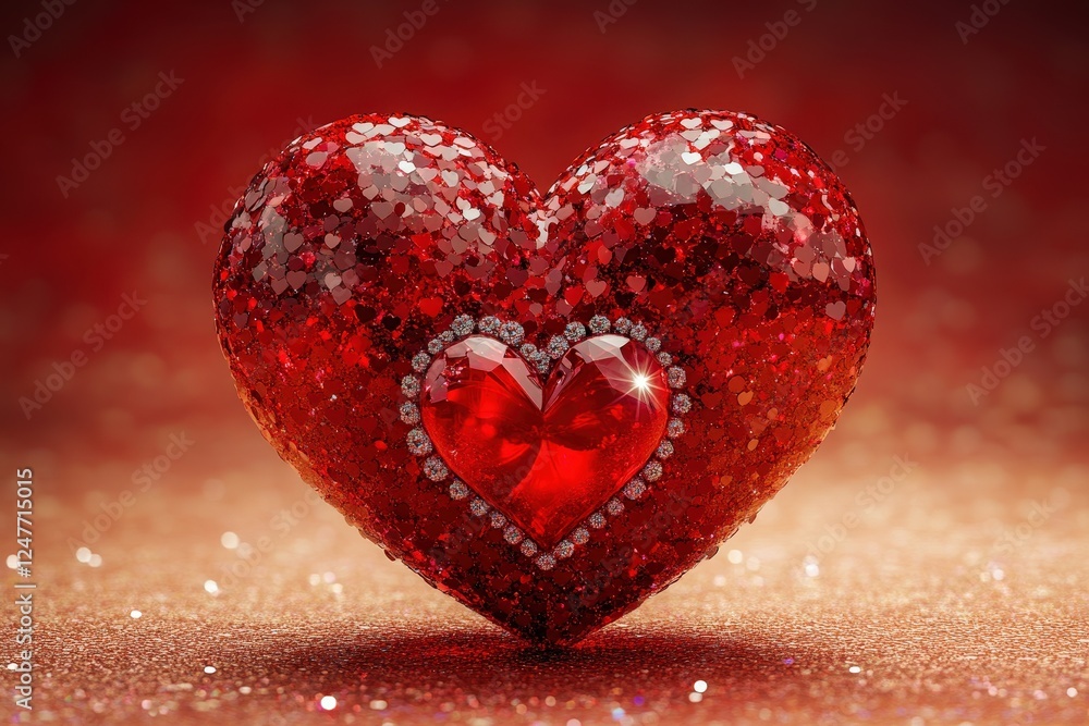 Poster red heart shaped object on a gold background creating a romantic and festive atmosphere