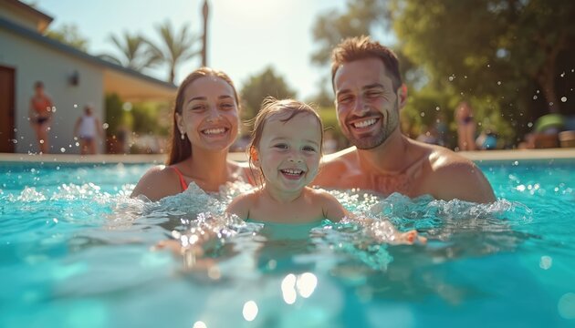 Happy family enjoys sunny day at swimming pool. Parents and toddler child playing in water. Family togetherness and joy. Summer vacation. Bright turquoise water. Sunny day. Love and fun.