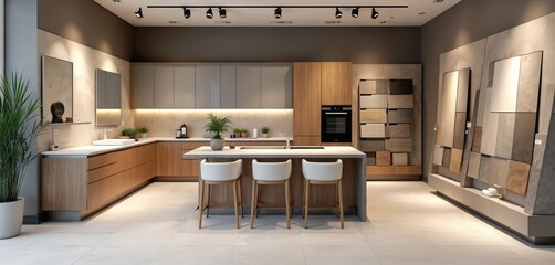 Modern kitchen, bathroom tile showroom displays various flooring, wall tiling options. Home renovation, improvement projects shown. Different tile options in natural colors like marble, granite,