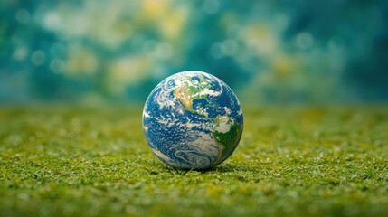 Earth globe on grass, green bokeh background; environmental awareness