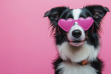 Fototapeta premium Dog wearing heart shaped sunglasses sitting outdoors on a sunny day