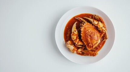 Steamed crab in spicy tomato sauce on a white plate, overhead shot.