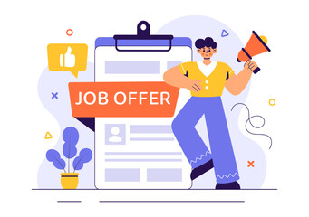 Job Offer Vector Illustration featuring a Businessman, Recruitment Process, Career Opportunities, and Company Vacancy in a Flat Style Background